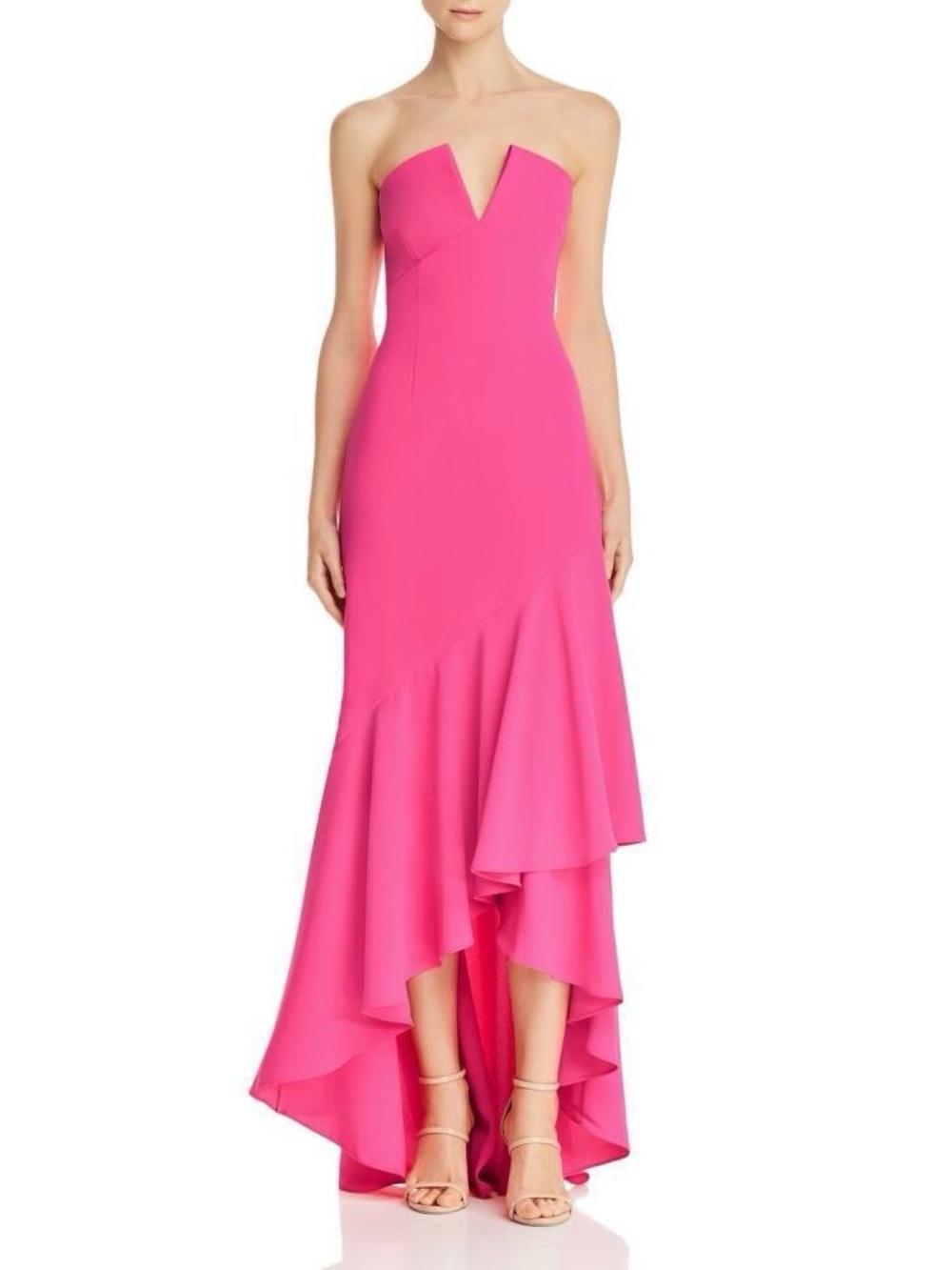 Jill Stuart Strapless V-Notch High-Low Ruffle Gown - Hot Pink